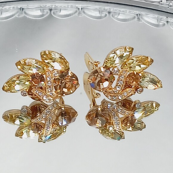 Eisenberg Ice Dazzling Earrings Champagne and Citrine Crystal Rhinestone Clip On - Picture 3 of 5